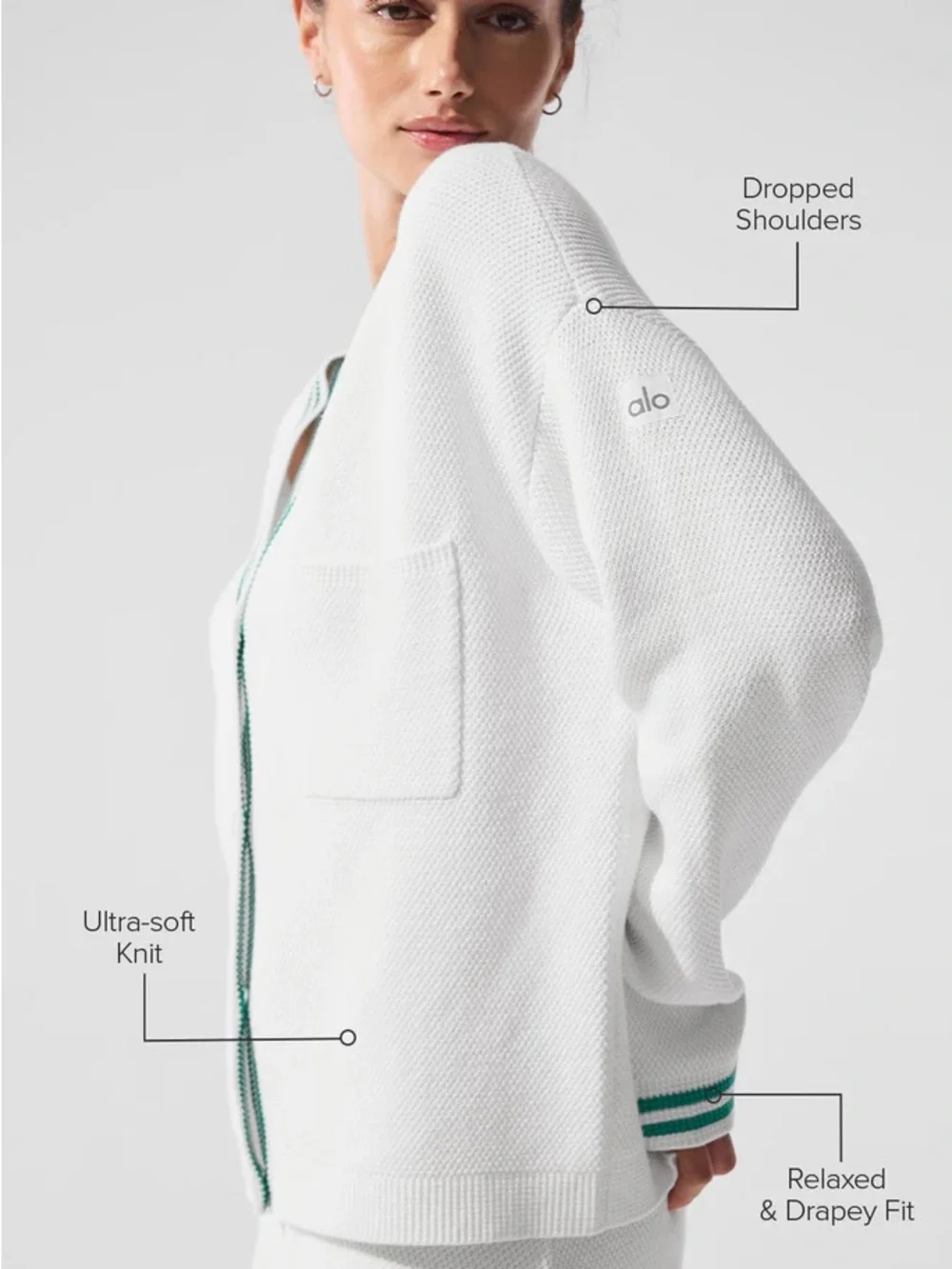 ALO Yoga White V-Neck Cardigan with Green Trim - Women's Sweater. S NWOT